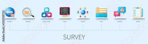 Survey banner with icons. Internet, analysis, social media, tasks, society, data, opinion, report. Business concept. Web vector infographic in 3d style