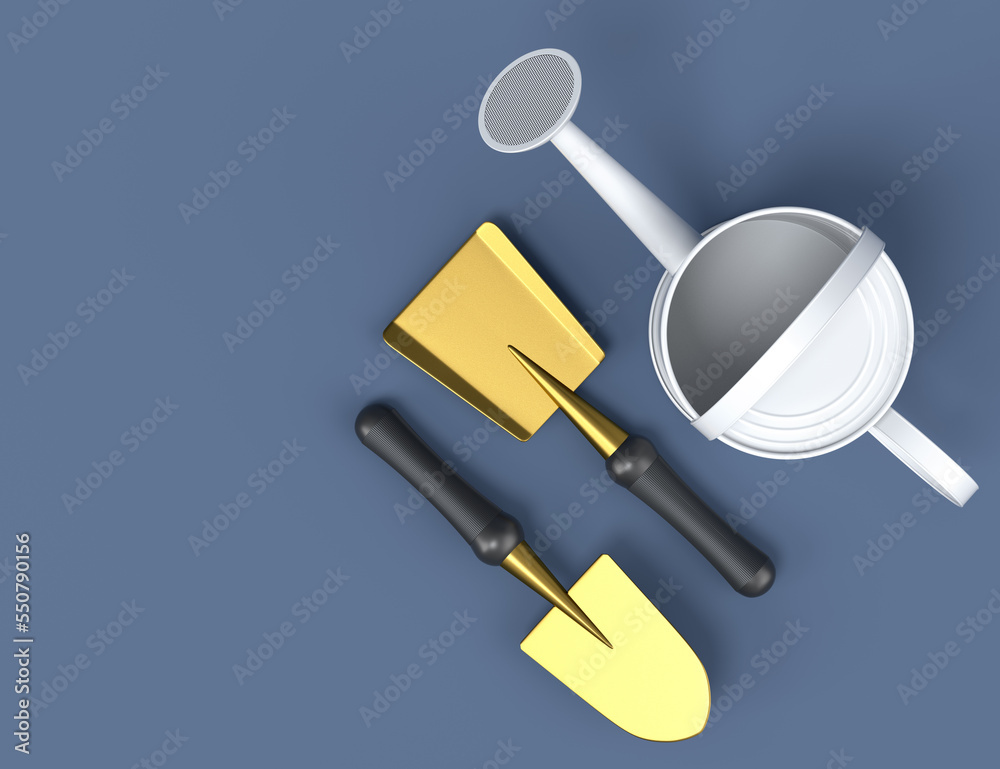 Watering can with garden tools like shovel, rake and fork on grey background. Watering can with garden tools like shovel, rake and fork on grey background.