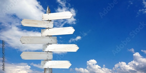 Wooden signpost with seven clear arrows