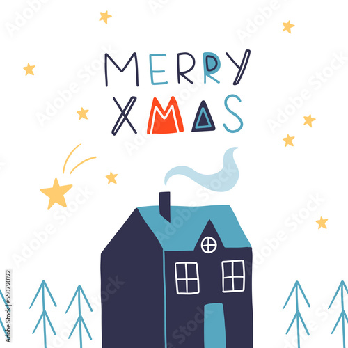 Cute Decorative greeting card with house and trees on the hill. Trendy childish style xmas poster. Colorful textured vector illustration with handwritten lettering. Merry Christmas
