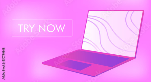 Laptop on gradient pink background with try now text. Purple touchpad and keyboard, wallpapers with abstract lines and patterns. Smart device mockup, pattern, portable personal gadget