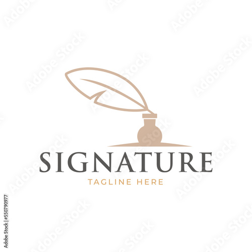 Feather signature logo design. Minimalist feather ink logo template.