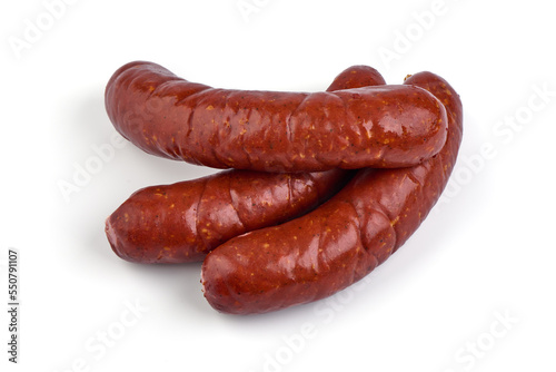 Smoked pork sausages, isolated on white background.