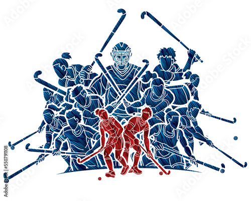 Group of Field Hockey Sport Team Male and Female Players Mix Action Cartoon Graphic Vector