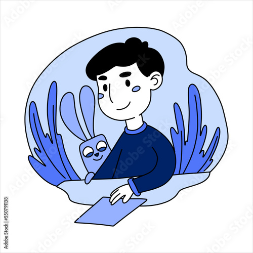 The boy draws on paper. The guy is engaged in creativity, spends time usefully, pleasant and useful, inspiratio. Vector illustration in blue color in flat style of the people on a white background