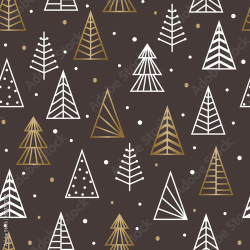 Design of Christmas background with golden trees. Seamless pattern. Vector illustration