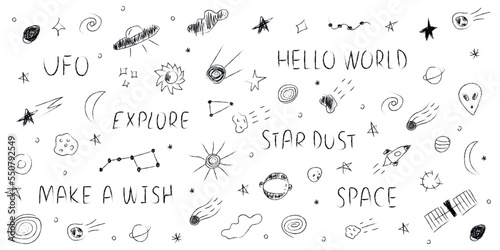 Doodle cosmos illustration set in childish style, design clipart. Hand drawn abstract space elements with lettering. Black and white.