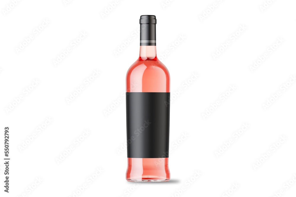 Rose wine bottle with empty label mockup isolated on white background. 3d rendering. Rose wine bottle with empty label mockup isolated on white background. 3d rendering.