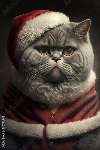 Cute british cat dressed as Santa Claus
