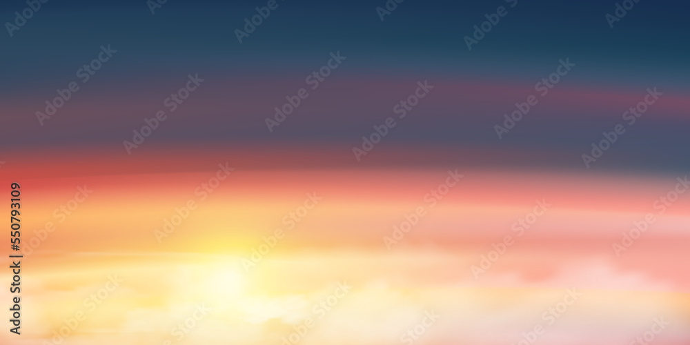 Sunset evening with Orange,Yellow,Pink,Purple,Blue sky, Dramatic twilight landscape with Sunset in evening,Vector horizon Romantic Sky banner of Sunrise or Sunlight for four seasons background