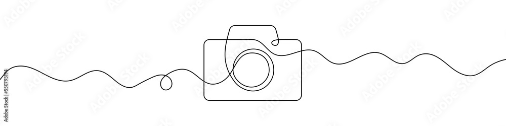 Camera icon in continuous line drawing style. Line art of photo camera icon. Vector illustration. Abstract background