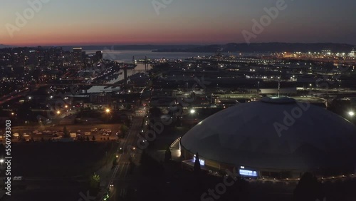 Iconic Tacoma Dome At Night With Cityscape Views In Washington, United States. Aerial Drone Shot photo