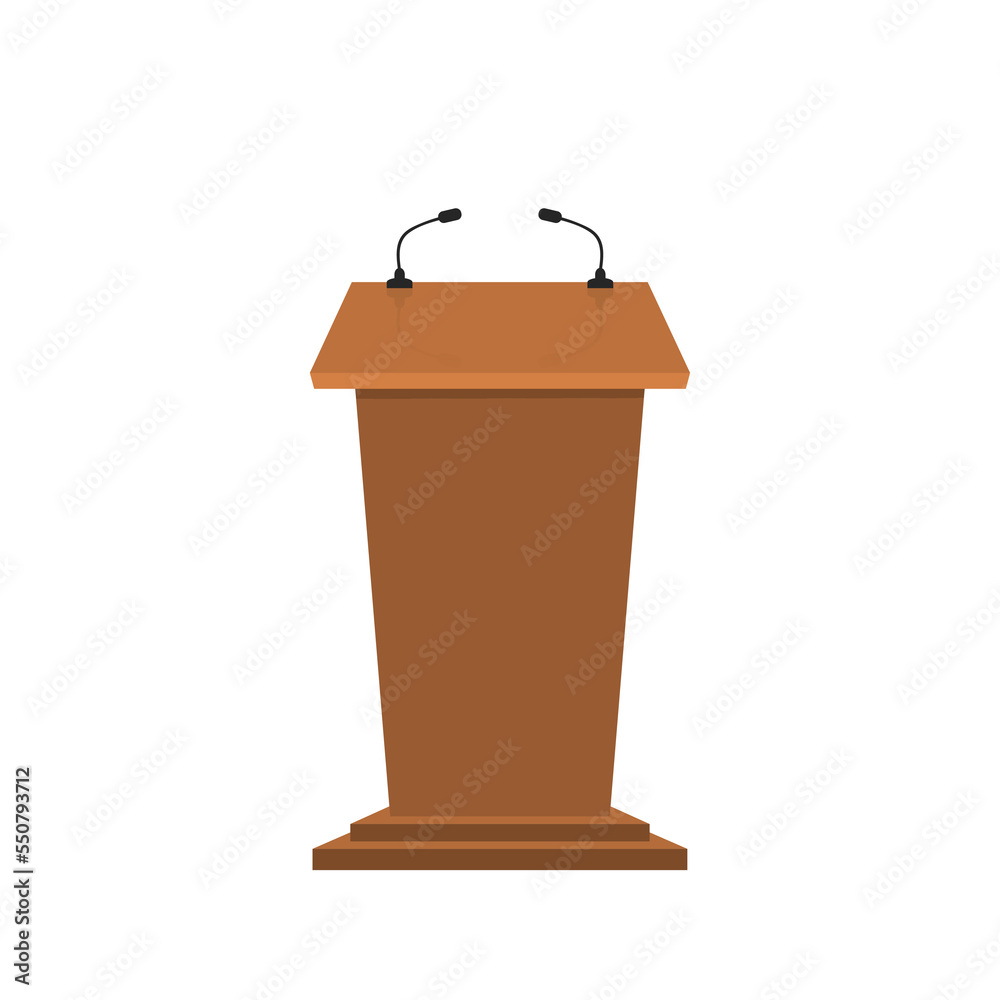 Wooden speech tribune with microphones in front view. Rostrum speech for lecture, debate, press and conference Wooden speech tribune with microphones in front view. Rostrum speech for lecture, debate, press and conference