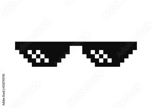 Pixel glasses in black and white color. Thug life symbol glasses in pixel art style. Pixel glasses icon on transparent background