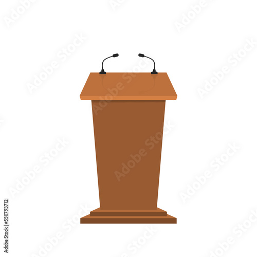 Wooden speech tribune with microphones in front view. Rostrum speech for lecture, debate, press and conference