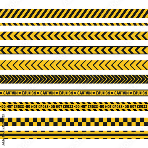 Caution yellow tape. Police stripe, crime scene, do not cross lines. Restricted and danger area yellow stripe. Set of seamless warning tapes © Yevhenii