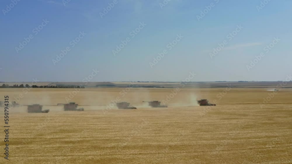 Farmers On Combine Harvester Working And Harvesting Grain Crops At Daytime In Canada. - aerial Farmers On Combine Harvester Working And Harvesting Grain Crops At Daytime In Canada. - aerial