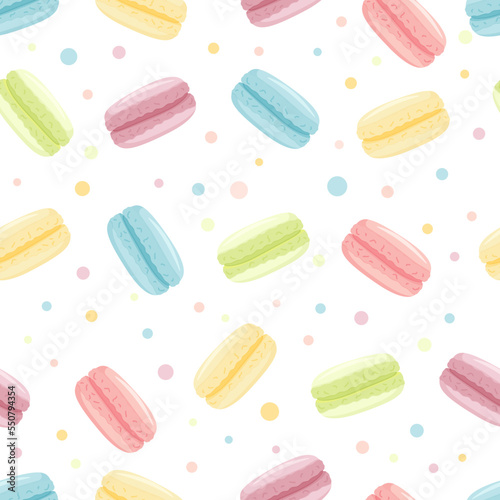 Macaroons seamless pattern. Cute candy macaron print. Cartoon bakery biscuits. 