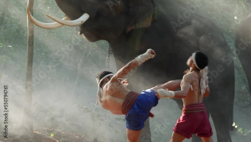 Two Young males wearing Thai tradition short, head and hands wrapped in twisted hemp rope and showing beautiful fighting art of Muay Thai, Blurred elephants and spreading white mist in background