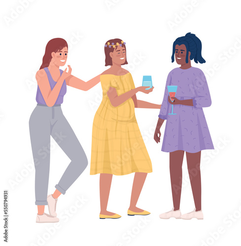 Pregnant woman with friends semi flat color vector characters. Editable figures. Full body people on white. Baby shower event simple cartoon style illustration for web graphic design and animation