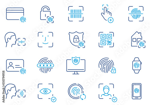 Biometric Identification Line Icon Set. Face ID, Touch ID Color Pictograms. Fingerprint, Facial Identity Password Outline Symbol. Security Verification. Editable Stroke. Isolated Vector Illustration