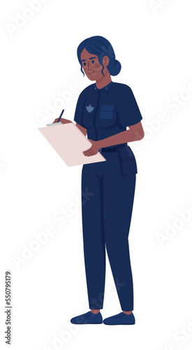 Female police officer writing on clipboard semi flat color vector character. Editable figure. Full body person on white. Simple cartoon style illustration for web graphic design and animation