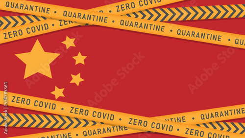 China zero COVID policy concept. Background of the China Flag with yellow ribbons. Continuous one line drawing vector illustration