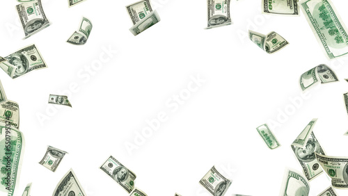 Hundred dollar bill. Falling money isolated on white background. American cash.
