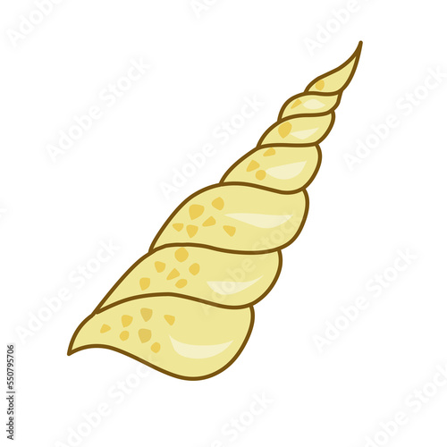 Seashell isolated on white background. A spiral, conical shell of a marine or oceanic mollusk. Yellow with a contour. Hand drawing. Vector illustration.