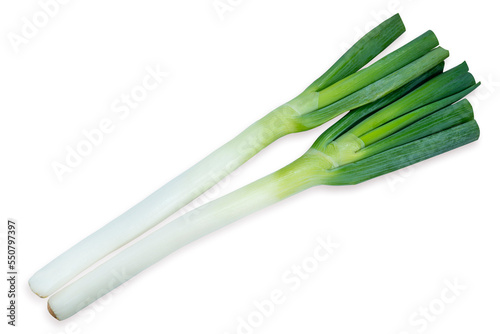 Fresh Japanese Bunching Onion on bamboo basket, Green Japanese spring onions isolate on white background with clipping path.