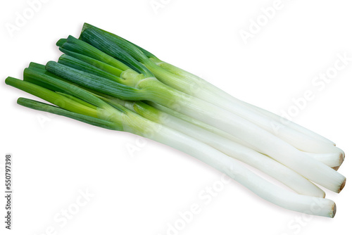 Fresh Japanese Bunching Onion on bamboo basket, Green Japanese spring onions isolate on white background with clipping path.