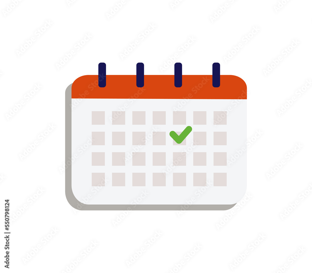 Calendar with Tick Check Mark icon. Meeting, schedule plan, event, reminder concept. Flat vector illustration isolated on white background. Calendar with Tick Check Mark icon. Meeting, schedule plan, event, reminder concept. Flat vector illustration isolated on white background.
