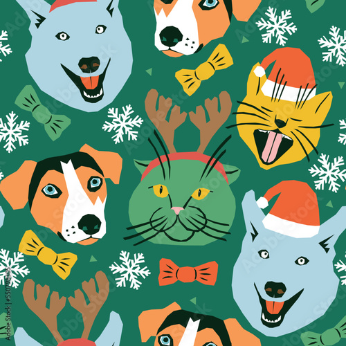 Vector seamless pattern with cats and dogs Christmas edition