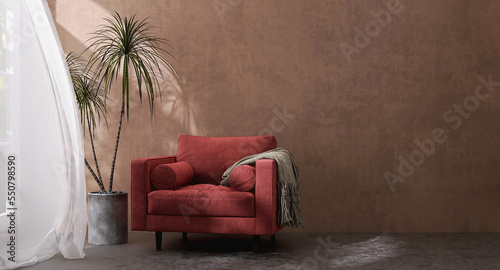 Luxury design of velvet red armchair sofa with blanket, dracaena plants, in sunlight from window with blowing white sheer curtain on tuscan brown venetian plaster wall and dark cement floor