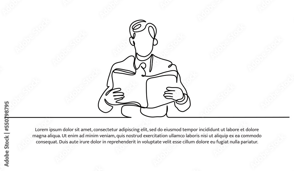 Simple continuous line design of a man holding a book. Businessman ...
