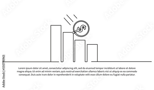 Simple continuous line design of rolling coin on descending diagram. Recession concept. Decorative elements drawn on a white background.