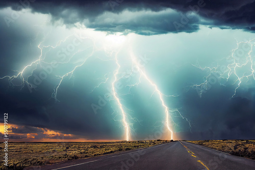 Lighting strikes in thunderstorm on empty road in landscape