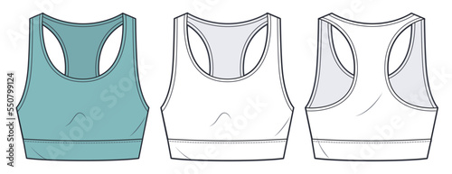 Cropped Tank Top technical fashion illustration. Women's Tank Top technical drawing template, crew neckline, front and back view, white and green color, CAD mockup set.