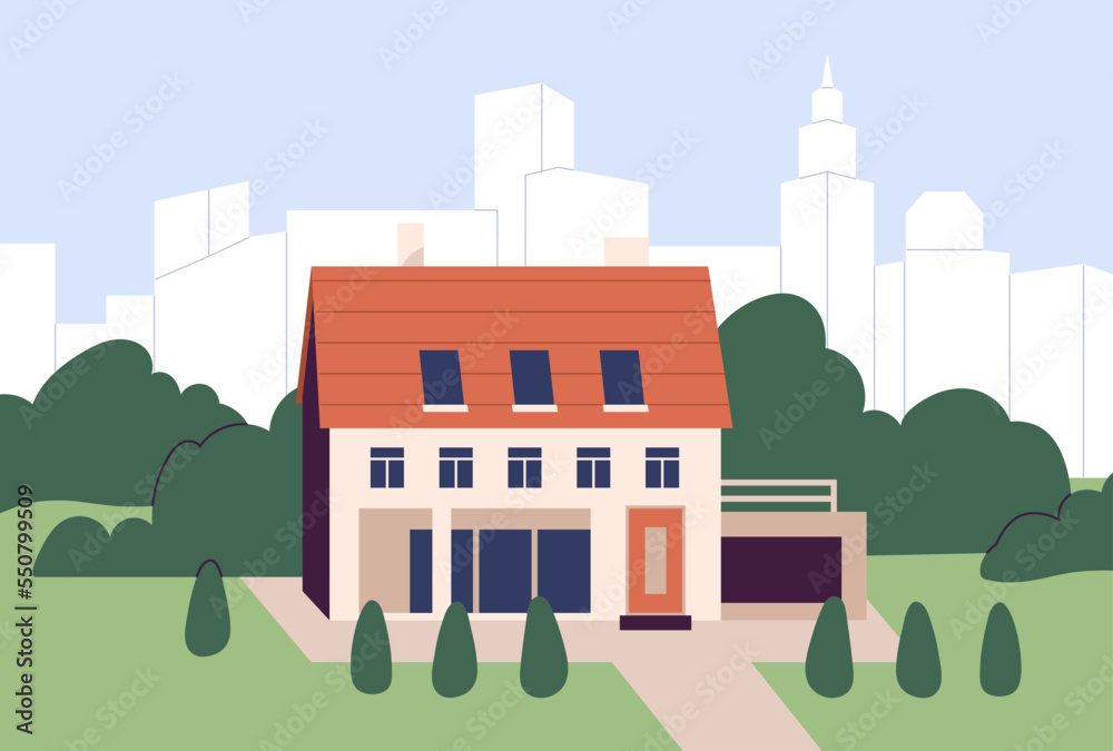 Residential house building exterior standing alone on city background, modern cityscape. Single detached dwelling home, property outdoor view, urban landscape scenery. Flat vector illustration