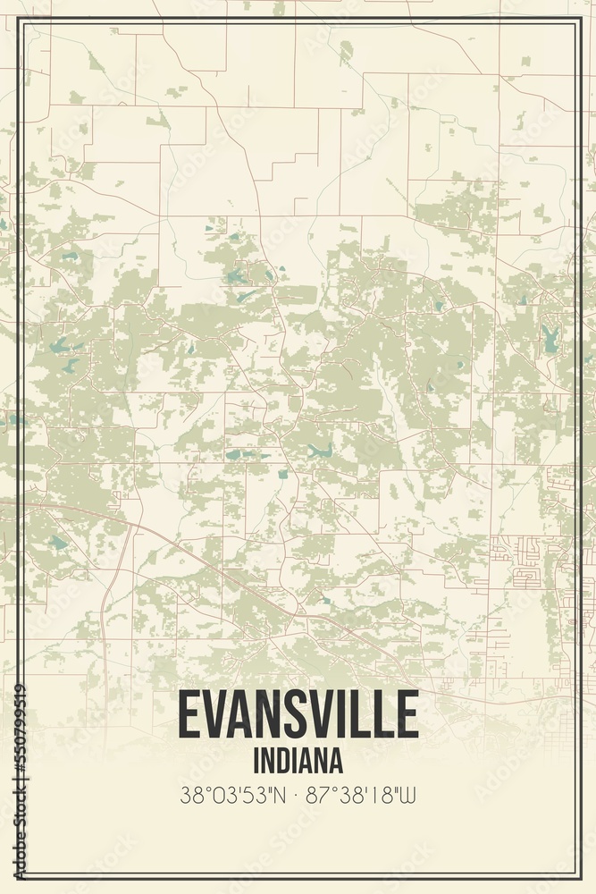 Retro US city map of Evansville, Indiana. Vintage street map.