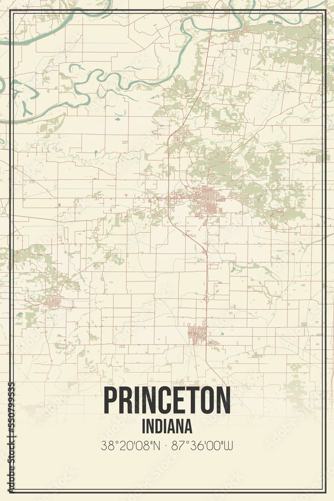 Retro US city map of Princeton, Indiana. Vintage street map.