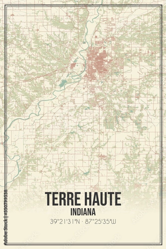 Retro US city map of Terre Haute, Indiana. Vintage street map.