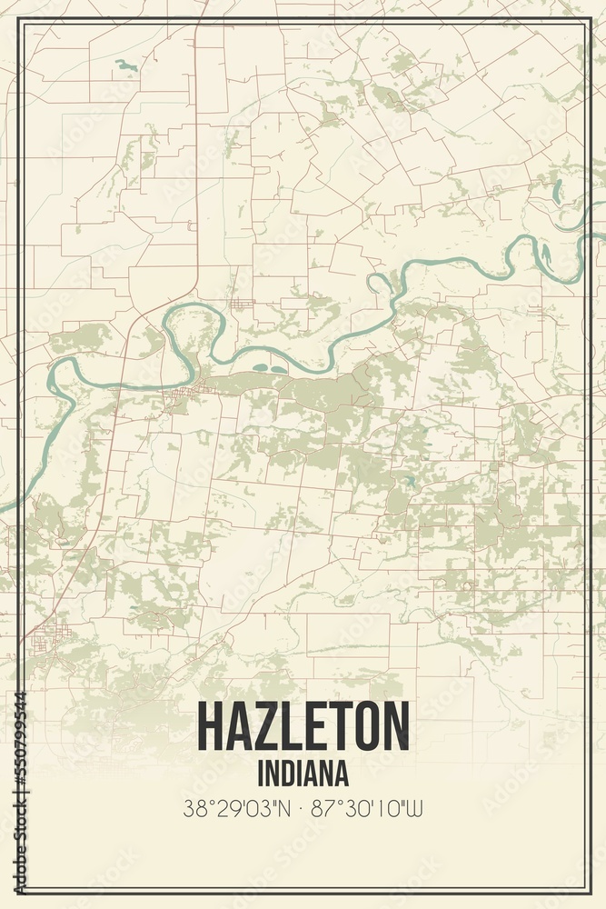 Retro US city map of Hazleton, Indiana. Vintage street map.