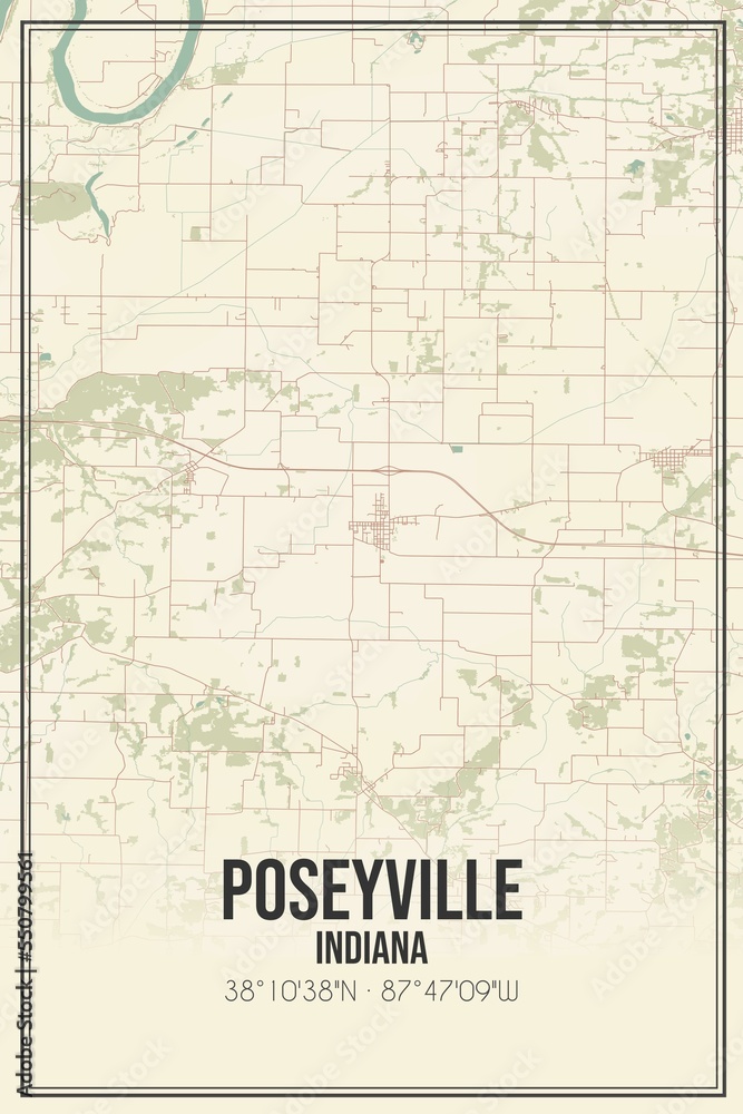 Retro US city map of Poseyville, Indiana. Vintage street map.
