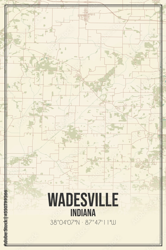 Retro US city map of Wadesville, Indiana. Vintage street map.