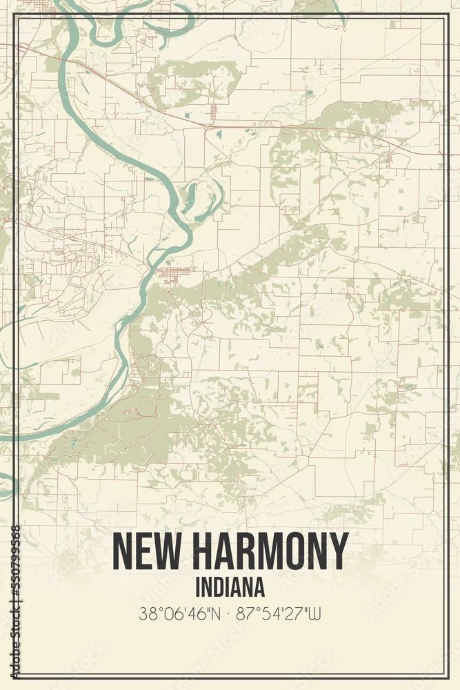 Fototapeta premium Retro US city map of New Harmony, Indiana. Vintage street map.