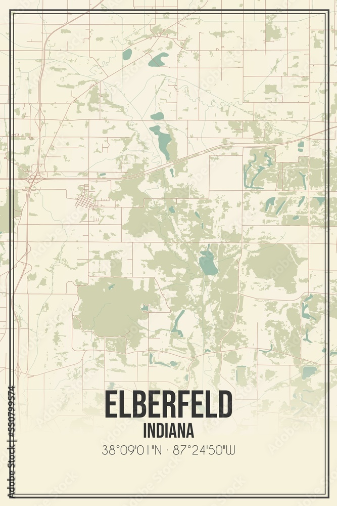 Retro US city map of Elberfeld, Indiana. Vintage street map.