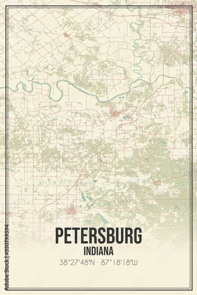 Retro US city map of Petersburg, Indiana. Vintage street map.