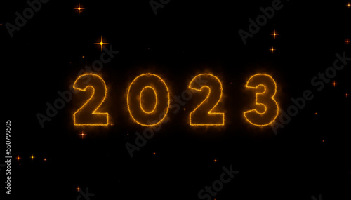 Happy New Year 2023. Burning text 2023 isolated on black background. 