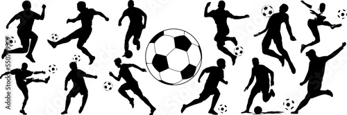 Flat design soccer player silhouette illustration and Silhouettes of football players in various poses